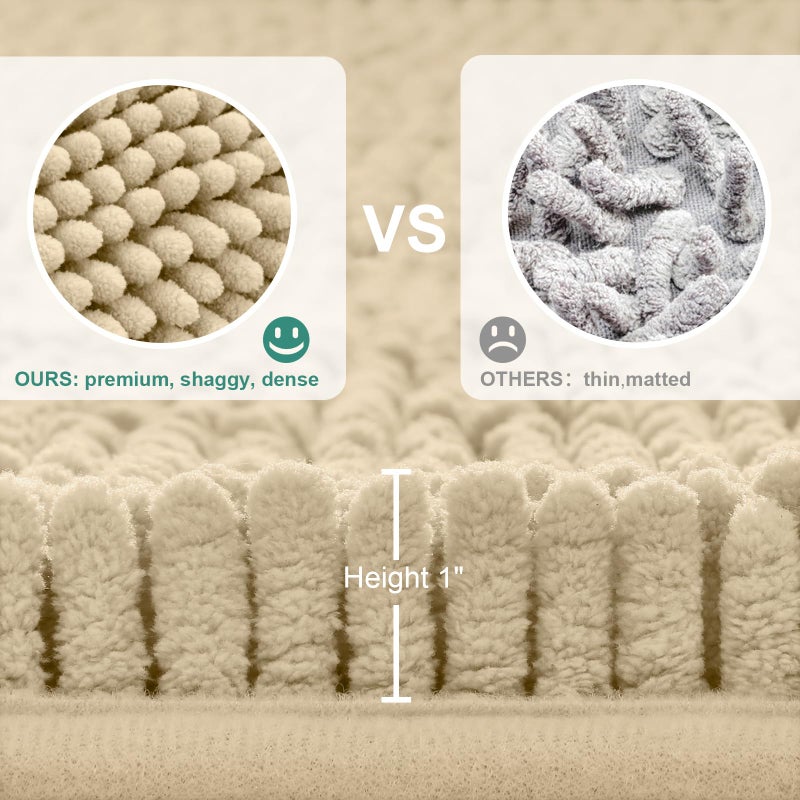 HOMEIDEAS 3 Pieces Beige Bathroom Rugs Set, Ultra Soft Non Slip Bath Rug and Absorbent Chenille Bath Mat, Includes U-Shaped Contour Rug, Bath Mat and Toilet Lid Cover, Perfect for Bathroom, Tub - Image 4